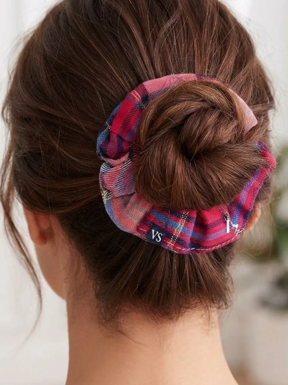 Victoria's Secret Plaid Hair Scrunchie Metallic Gold Thread Pink Blue NEW